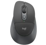 Ergonomic Logi wireless mouse viewed from above with a green status light on the palm rest area