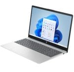 Silver HP laptop open in a 3/4 view, displaying Windows 11 desktop with apps on screen.