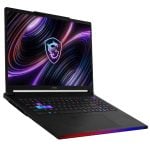MSI gaming laptop open, glowing RGB keyboard, and colorful screen with neon lines and crest on display.