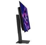 Side view of a computer monitor mounted on a tall, adjustable stand with a wide base.