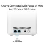 Back of a white router showing two highlighted 2.5G WAN/LAN ports for AI WAN Detection, with DCN and power indicators nearby.
