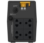 Back panel of a portable inverter showing four AC outlets and a yellow battery connector at the top with a circuit breaker and input knob on the left side.