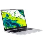 Acer silver laptop open at an angle, displaying a bright abstract green and blue screen on a white background