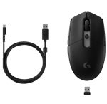 Black wireless gaming mouse with USB receiver and USB-C charging cable shown separately (Logitech logo visible)