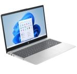 Silver HP laptop angled on a white background, screen shows Windows 11 desktop with the Start menu open.