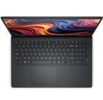 Top-down view of a dark gray laptop open, displaying a colorful abstract wallpaper on the screen with a full keyboard and touchpad visible.