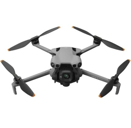 Gray quadcopter drone with a front-facing camera gimbal and four propeller arms, viewed from above