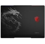 Closed gaming laptop with a black finish, red MSI dragon shield logo on the right, and diagonal light graphics on the left.