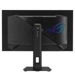 Rear view of a black gaming monitor on a stand, showing the ROG logo on the back.