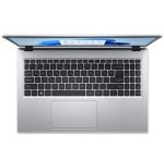 Top-down view of a silver laptop open, showing a black keyboard and large touchpad on a metallic palm rest.