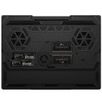 Rear view of a black gaming laptop showing two exposed M.2 SSD slots and large cooling vents along the back edge