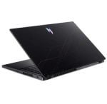 Black gaming laptop, open at an angle, featuring a colorful logo on the lid and visible side ports/vents.