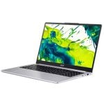 Acer laptop open and angled to show a vivid green-blue abstract wallpaper on its display, silver chassis.
