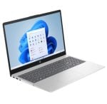 Silver HP laptop open at a 3/4 view, showing a Windows 11 desktop with an app window on screen