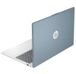 HP laptop with silver lid angled to show keyboard, logo on back of screen.