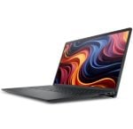 Slim dark-gray laptop open at an angle with a vibrant abstract wallpaper on the screen