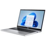 Acer silver laptop open, showing a Windows desktop on the screen with a blue wallpaper and icons.