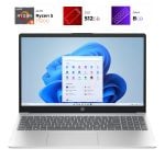 HP laptop with Ryzen 5 7520U, 512GB SSD, and 8GB RAM, displaying Windows desktop
