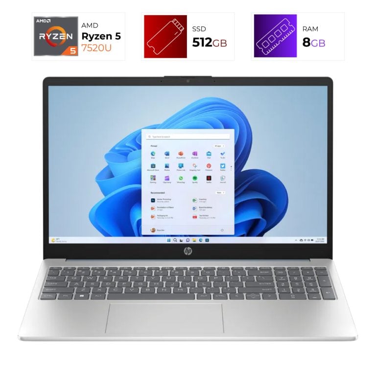 HP laptop with Ryzen 5 7520U, 512GB SSD, and 8GB RAM, displaying Windows desktop