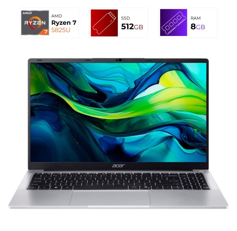 Acer laptop with a vibrant abstract screen showing Ryzen 7 processor, 512GB SSD, and 8GB RAM specs above it (product listing)