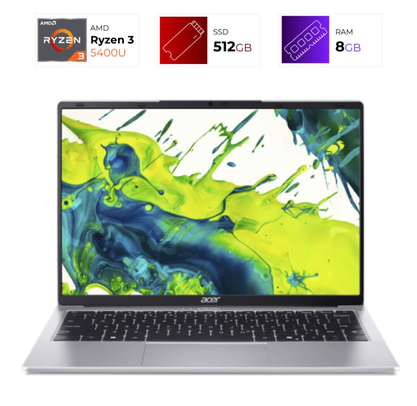 Laptop open with vibrant screen; above it are spec icons for Ryzen 3 5400U, 512GB SSD, and 8GB RAM.