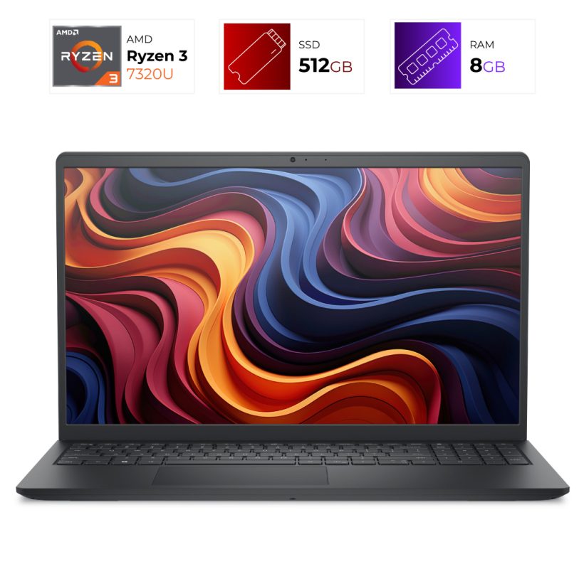 Open dark-gray laptop displaying a vivid, swirling multicolor wallpaper on its screen with a black keyboard.
