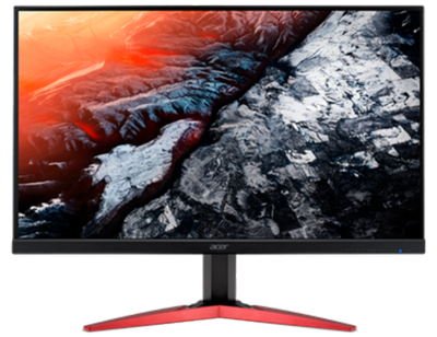 Acer computer monitor on a stand displaying a rocky mountain wallpaper with a red-orange glow on the left side.