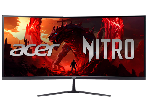 Acer Nitro gaming monitor on a stand, displaying a fiery red dragon wallpaper in a dramatic scene.