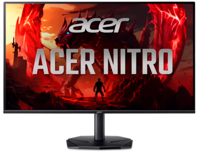 Acer Nitro gaming monitor facing front, displaying a fiery game scene with a dragon in the background.