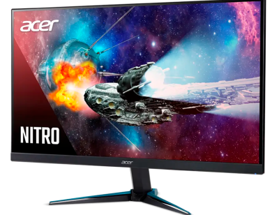 Acer Nitro gaming monitor on a black stand displaying a colorful space battle wallpaper with explosions.