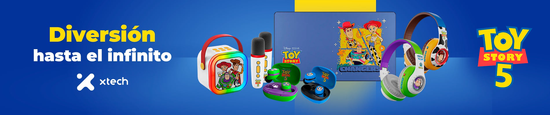 Banner promocional azul con el lema 'Diversión hasta el infinito' y productos Toy Story 5 de Xtech.