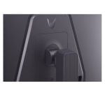 Rear view of a computer monitor with a square mounting plate and a vertical ribbed stand attached to the back of the display in dark gray. (informative)