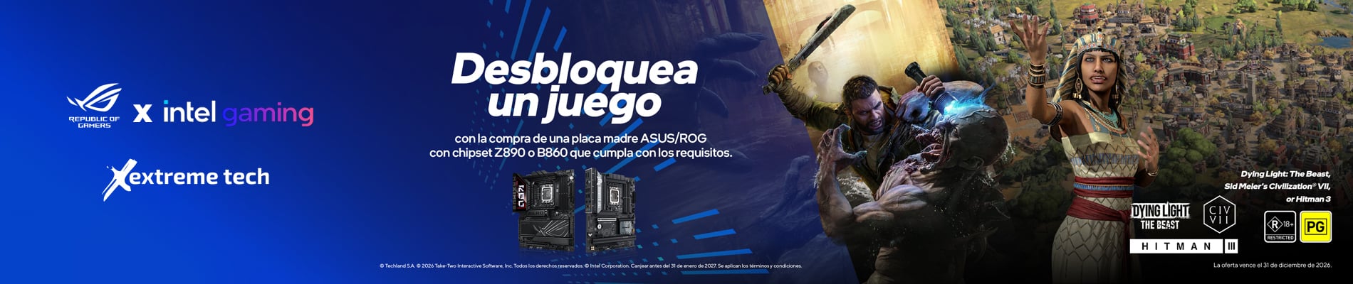Promotional banner for ROG x Intel Gaming with the slogan 'Desbloquea un juego' and a battle scene featuring game characters and hardware visuals.