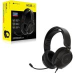 Corsair HS35 V3 stereo gaming headset with black over-ear cups shown next to yellow packaging box