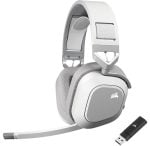 White and gray over-ear gaming headset with padded ears and a USB wireless dongle.