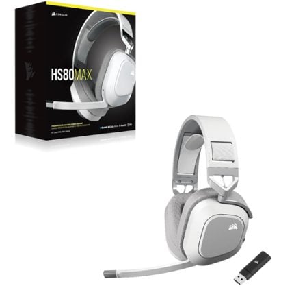 Corsair HS80 MAX gaming headset in white, with USB wireless dongle and boxed packaging nearby.