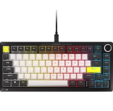 Wired Corsair mechanical keyboard with full RGB backlighting on a black chassis, including a round volume knob at the top-right.