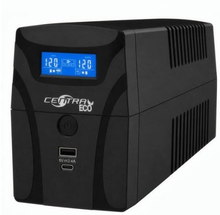 Black Centray Eco power inverter with a blue LCD panel showing 120V output, front power button and USB-C port on the front panel.