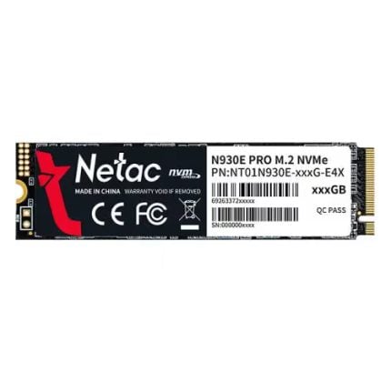 Netac N930E NVMe M.2 SSD module with label, barcode, and certification marks on a black PCB.