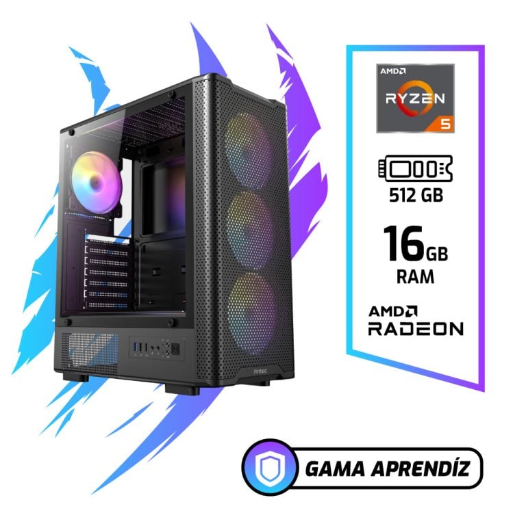 Gaming PC tower with RGB fans and a glass side panel, featuring AMD Ryzen 5, 512 GB storage, 16 GB RAM, Radeon graphics, and the Gama Aprendiz logo.