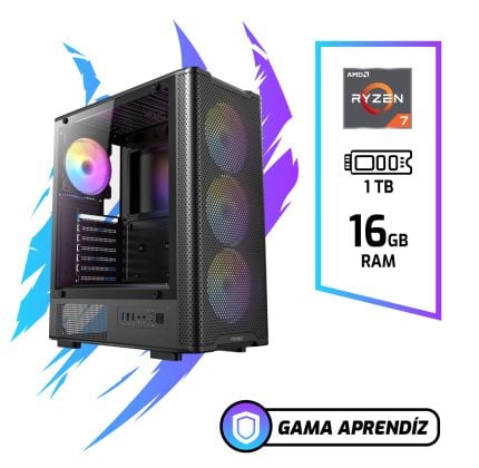 Gaming PC tower with RGB-lit front fans beside a specs panel showing Ryzen 7, 1 TB storage, 16 GB RAM and Gama Aprendiz logo.