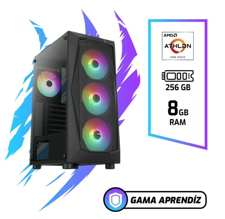Gaming PC tower with RGB-lit fans and a side panel; shows AMD Athlon 3000, 256 GB storage, and 8 GB RAM, with the Gama Aprendiz logo.
