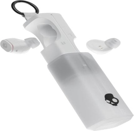 White cylindrical bottle with a flip-top lid and keyring, surrounded by white wireless earbuds.
