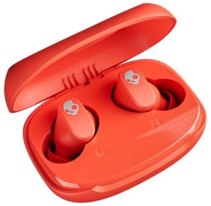 Red wireless earbuds in a matching red charging case, each earbud bears a small skull logo.
