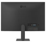 Back view of a black LG monitor on its pedestal stand with input ports visible on the lower-right side (HDMI and VGA).