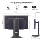 Guía de montaje: monitor gaming con ajustes de inclinación, altura, giro y pivote a 90°, con medidas indicadas.